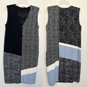 MaxMara Sheath Patchwork Dress V-Neck Workwear Black Blue Size 8 Made in Italy